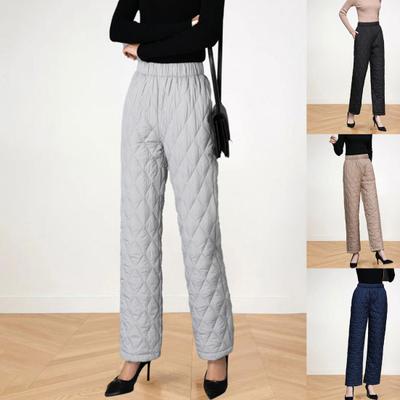 Rhombic Lines Side Pockets Women Pants Cold Resistant Elastic Waist Straight Wide Leg Quilted Trousers