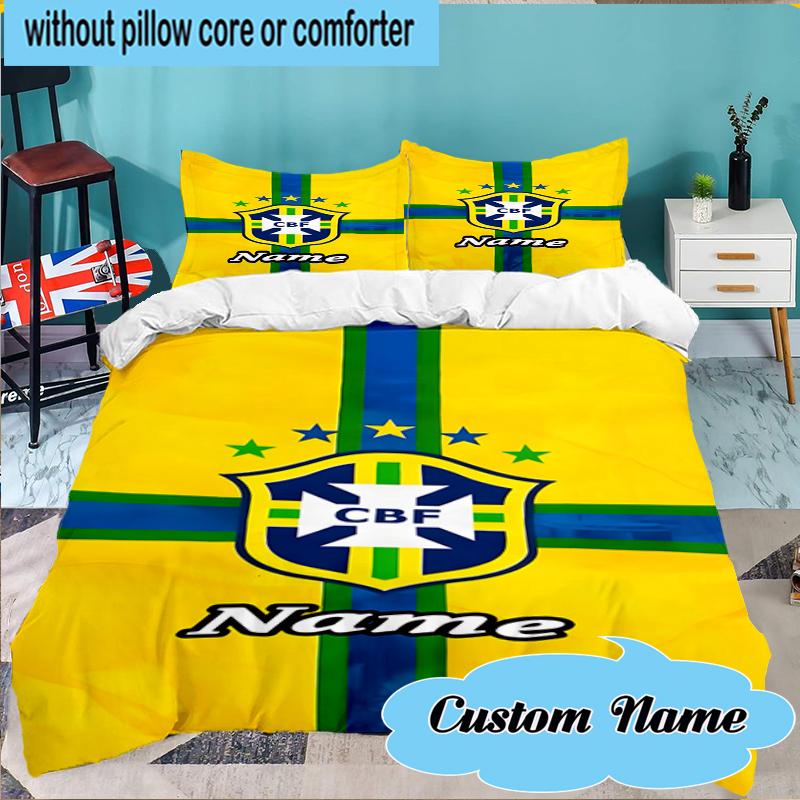 Custom Name Brazilian Football Emblem Bedding Set 3pcs, Bedding Set Including 1pc Duvet Cover And 2pcs Pillowcases for Bedroom, Dormitory Gift