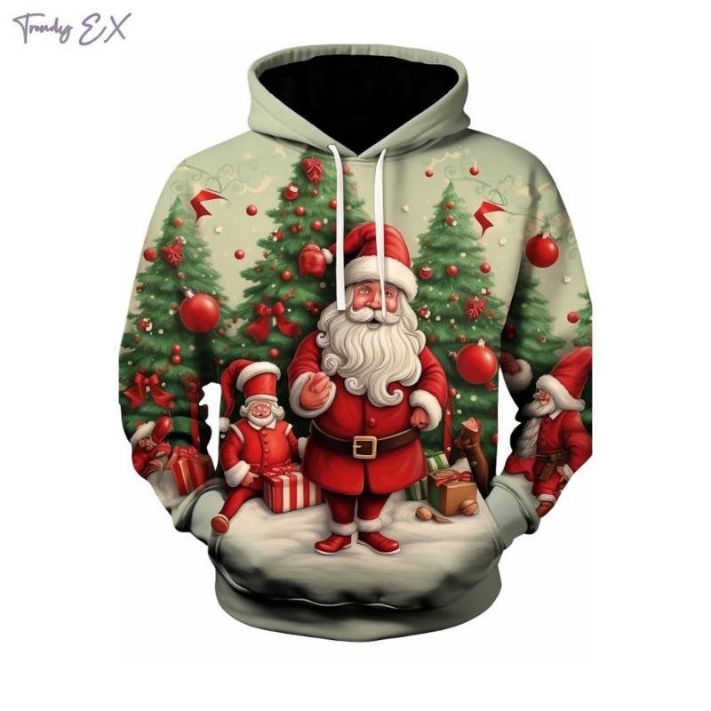 Christmas Sweatshirts for Men 3D Pattern Print Casual Pullover Hoodies Tops Harajuku Street Kangaroo Pocket Long Sleeve Clothing