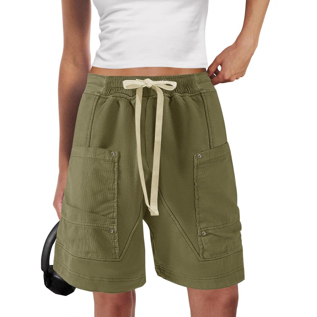 Women's Lightweight Elastic Waistband Cargo Shorts Knee Length Multi Pocket Utility Shorts with Drawstring Adjustable Fit
