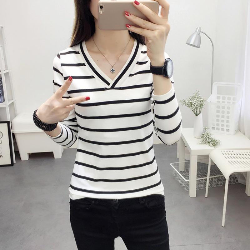 2025 Korean V-Neck Striped Slimming Long Sleeve Women's T-Shirt - Spring/Autumn