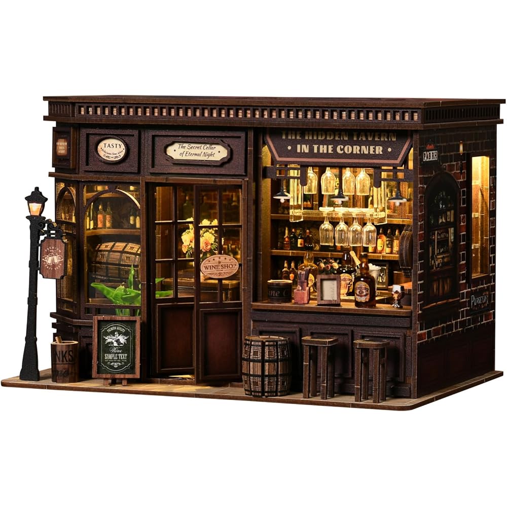 CRESYMME Miniature House Book Nook Kit Wooden DIY Craft Model Small Tavern