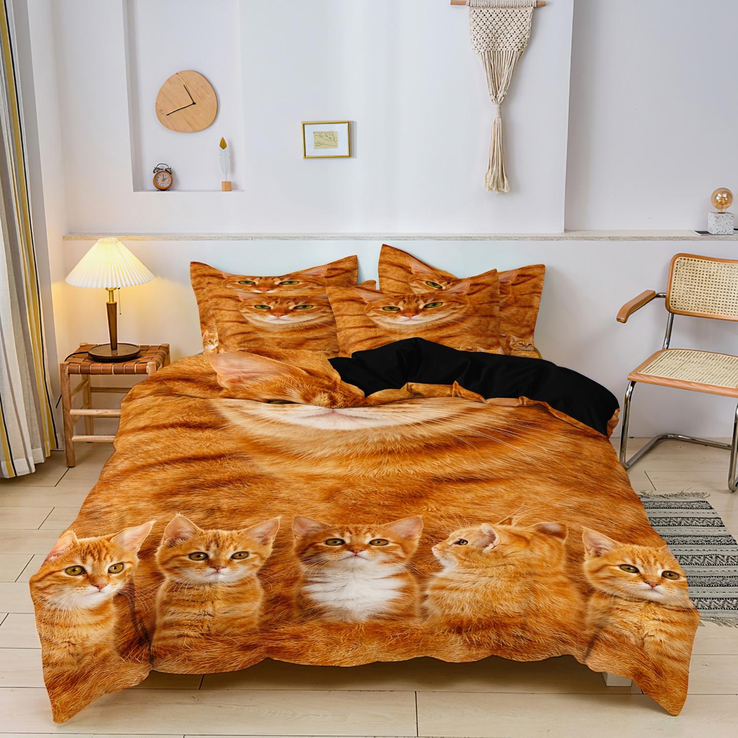 3pcs Set Cat Theme Animal Bedding Duvet Cover,3D Cat Pattern Bedding Set,Machine Washable, All-Season Use, EU Single-135x200cm&set
