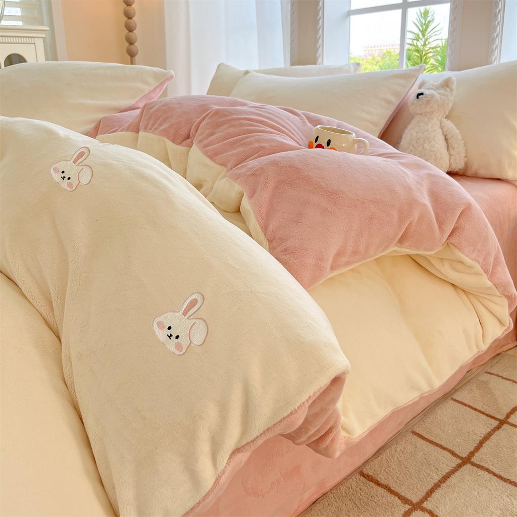 Thickened Milk Fleece Four-Piece Set, Embroidered Coral Fleece Quilt Cover, Thermal Bedding, Fleece Bed Sheet Three-Piece Set