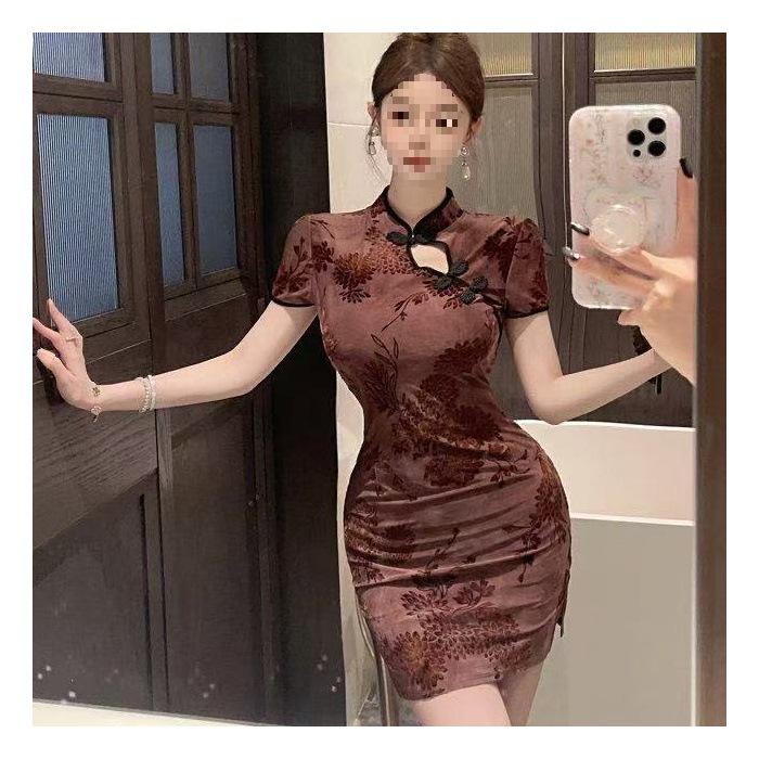 Celebrity-Style Chinese Qipao-Inspired Dress: Summer Waist-Cinching Slit Skirt with Frog Button and Chic Print M