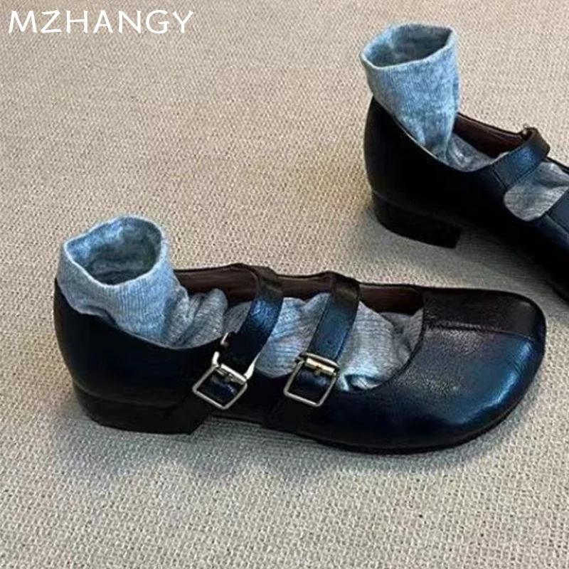 Módní dámské kožené boty Mary Jane Mělké boty na podpatku s přezkou Žena 2024 Trend Podzimní baleríny Nová móda Mujer De Zapatillas