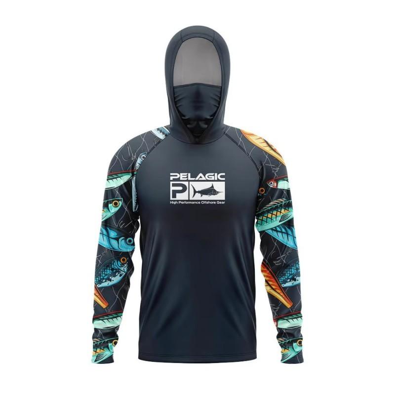 Mens Quick-Dry Hooded Fishing Shirt With Face Cover UV Protection Breathable Lightweight Summer Outdoor Sportswear