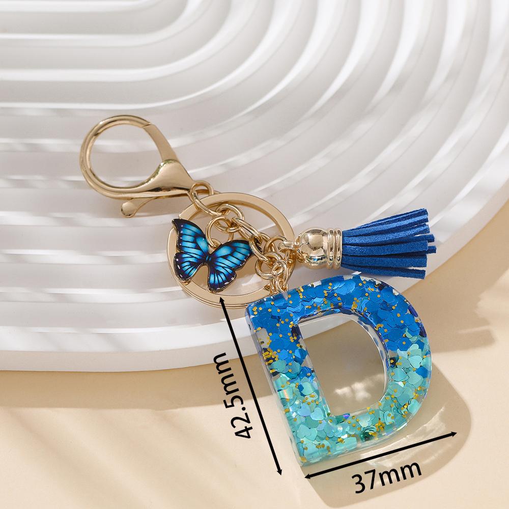1pc Alloy Alphabet Initial Keychain Royal Blue Butterfly & Tassel Letter Keychain for Backpack Charm Accessory Key Ring Findings