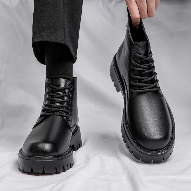 men's casual platform boots black autumn winter shoes cowboy original leather boot party prom dress lace-up ankle botas zapatos
