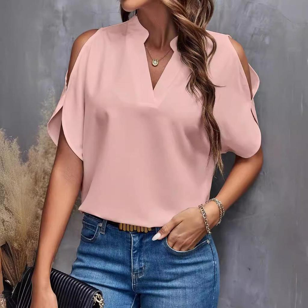 Summer Women's Solid Color V-Neck Off-Shoulder Chiffon Blouse
