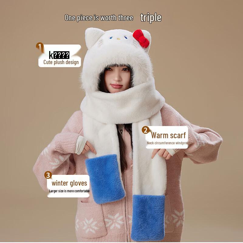 Roztomilý zimní set: Čepice, šála a rukavice s kočičím motivem, 3dílná sada