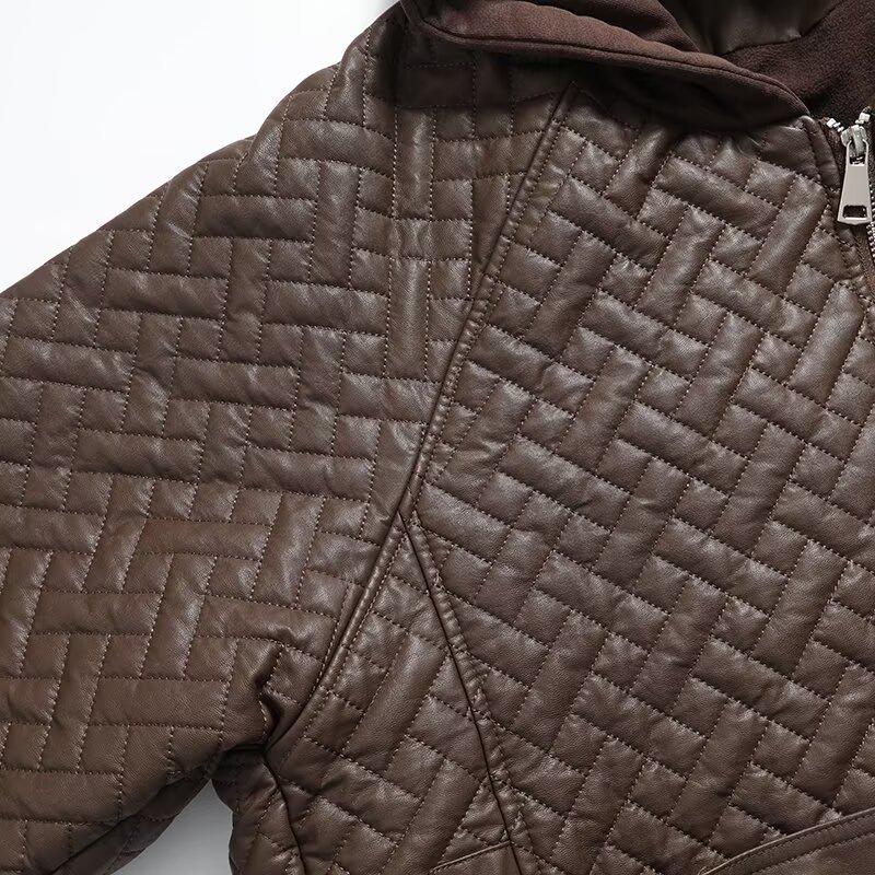 2024 Autumn Women's European & American Style Hooded Faux Leather Long Sleeve Loose Jacket