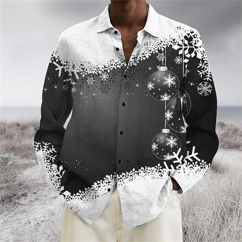 Christmas Men's Long-Sleeve Shirt, Red and White Color Block, Christmas Ball and Snowflake Pattern, Holiday Party Shirt