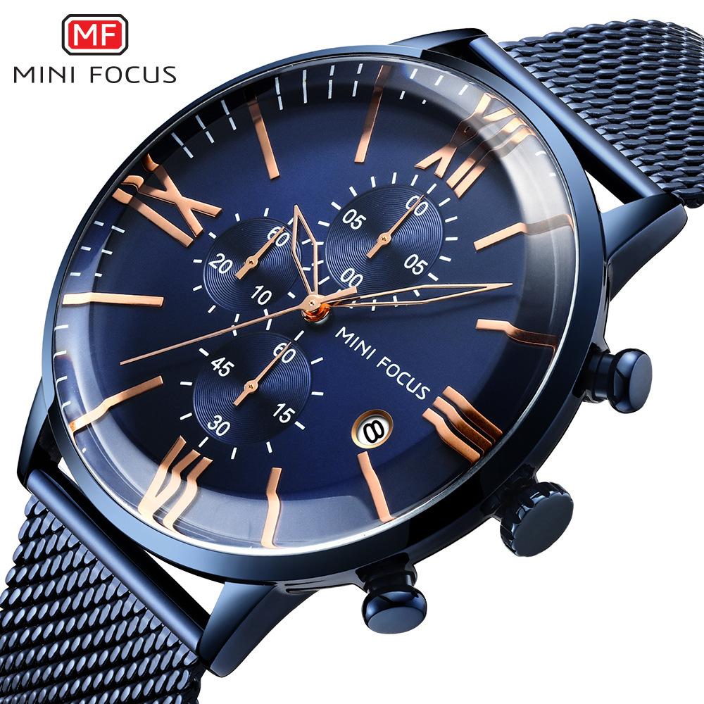 Fashion Men's Watch Multi-functional Chronograph Movement Calendar Waterproof Steel Mesh Belt
