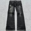 Calça Jeans Masculina de Cintura Alta em Sarja Lavada com Efeito Desgastado, Barra Flare, Detalhe Rasgado e Cordão na Cintura