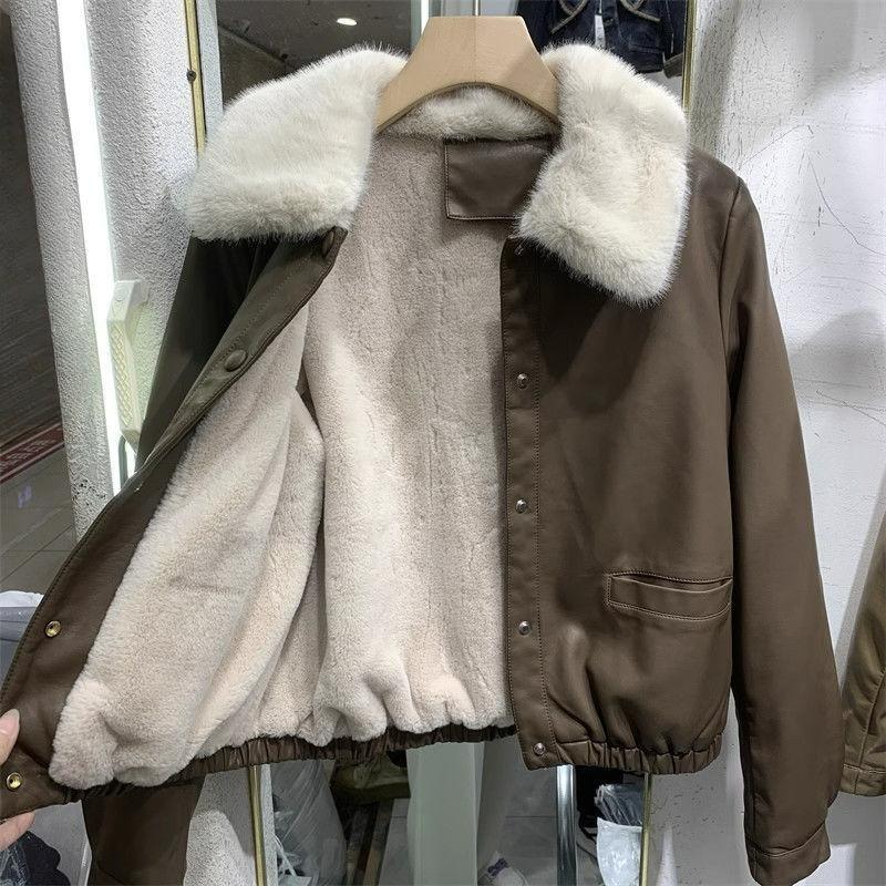 Plus Velvet Leather Jacket Women's Pu Leather Thickened Jacket Autumn and Winter Models Small Big Fur Collar Short Top