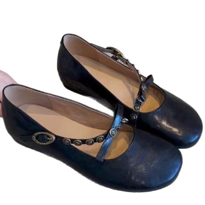 [Ushilai] French retro shallow mouth one-word buckle single shoes women's 2025 spring new bow Mary Jane shoes