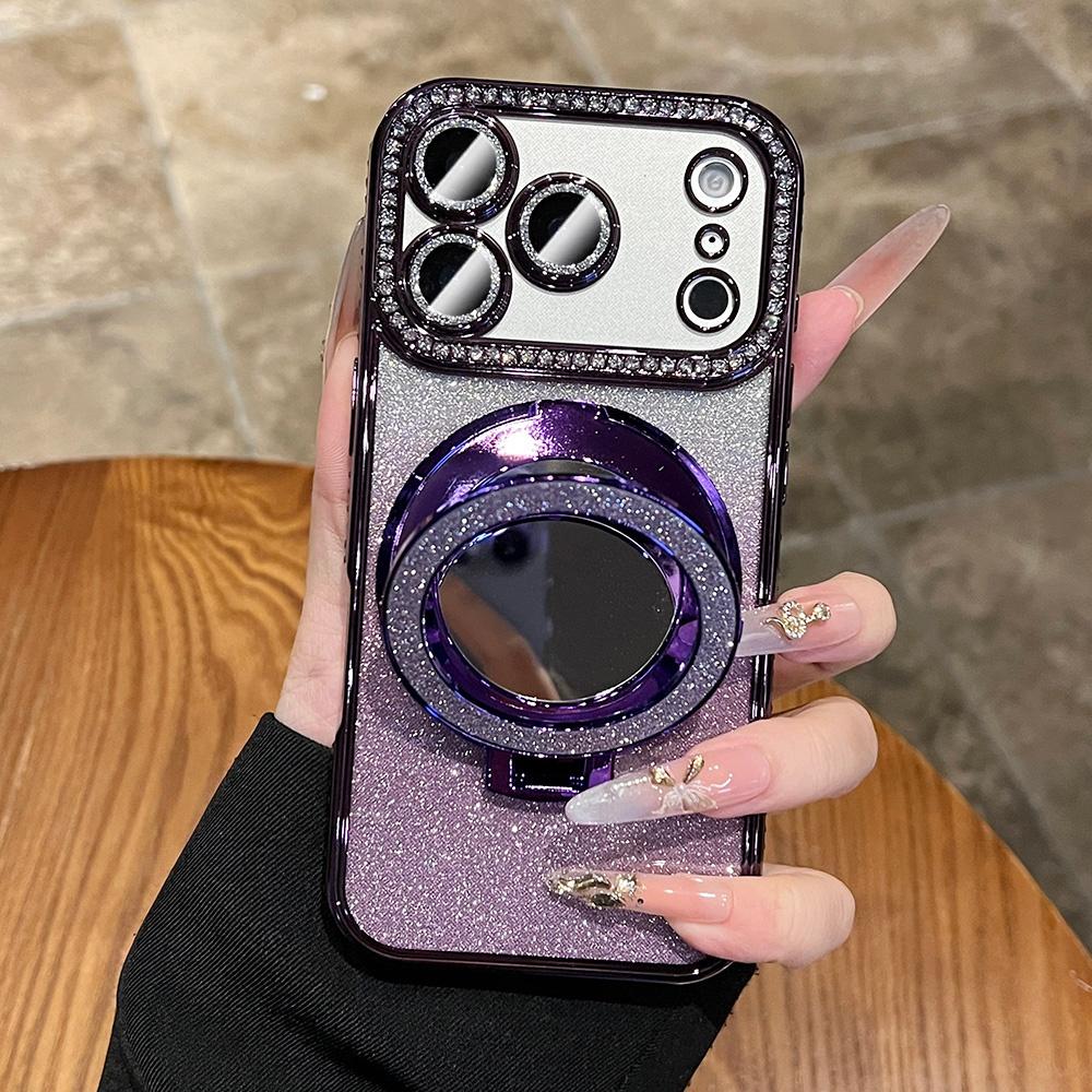Gradient Glitter For Magsafe Magnetic Mirror Stand Holder Case For iPhone 13 14 15 16 17 Pro Max Bling Diamond Shockproof Cover