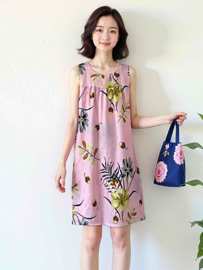 Plus Size Sleeveless Cotton Rayon Dress for Middle-Aged Women