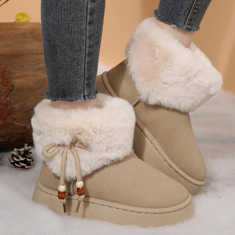 Sweet Beaded Bowknot Decoration Furry Snow Boots Women 2025 Winter Soft Thick Bottom Non Slip Fur Booties Warm Short Plush Boots