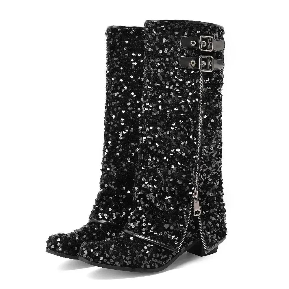 

Fashion Women Mid-calf Fold Boots Pink Squined Cloth Purple High Block Heels Winter Warped Round Toe Zipper Half Trousers Boots 43 чёрный