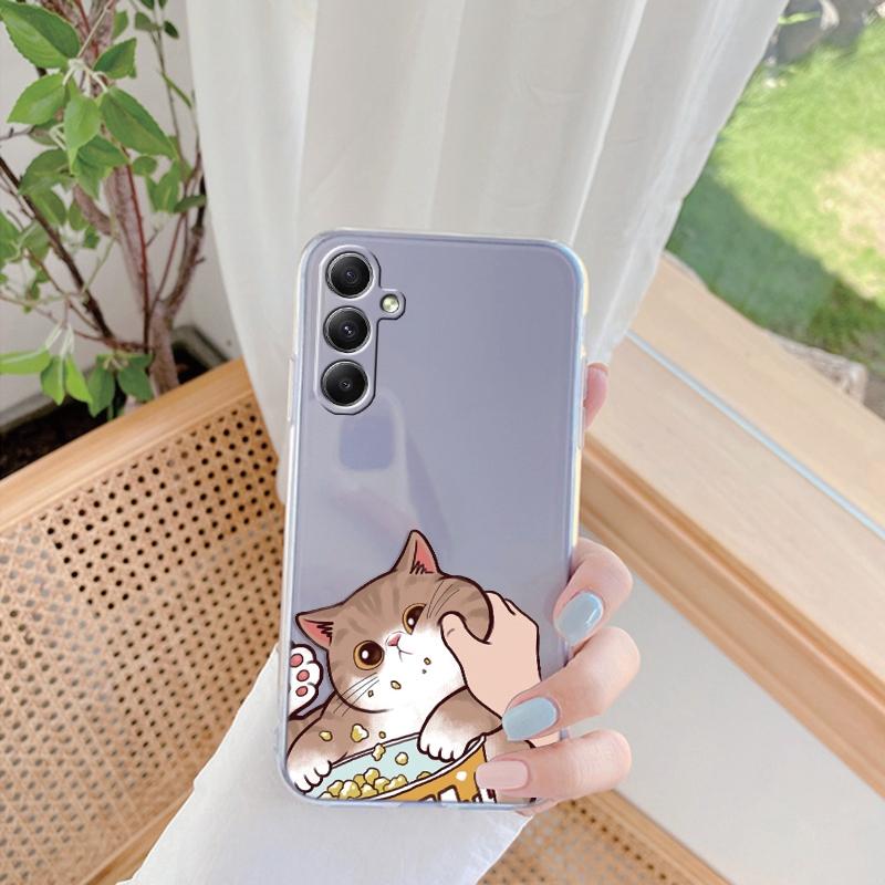 Měkké silikonové průhledné pouzdro s kresleným kočičím vzorem pro iPhone 11 12 13 14 15 Samsung A55 A54 A34 A15 S24 M35 Xiaomi Redmi Note 13 Pro nárazuvzdorný kryt