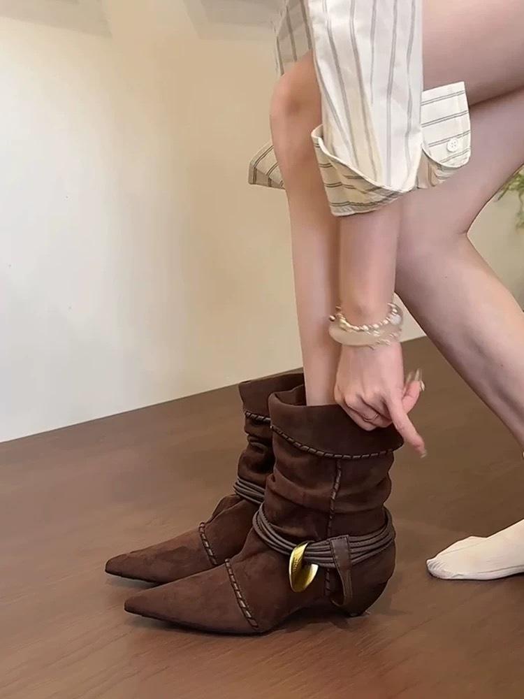 

Sheepskin version retro niche design pleated stacking boots low heel thin western boots fashionable versatile women s thin boots 35