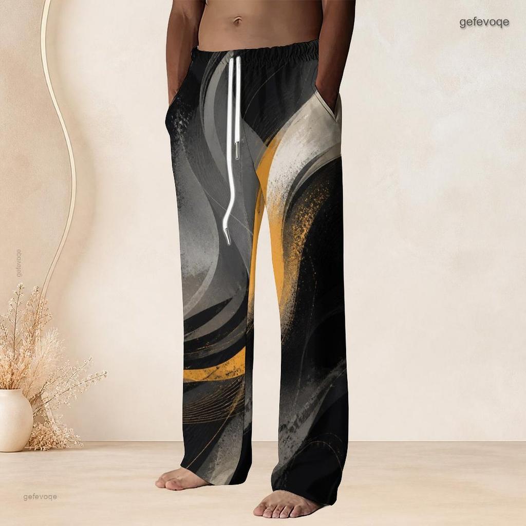 Men Plus Size Drawstring Waist Black Pink Printed Straight Leg Full Length Beach Pants