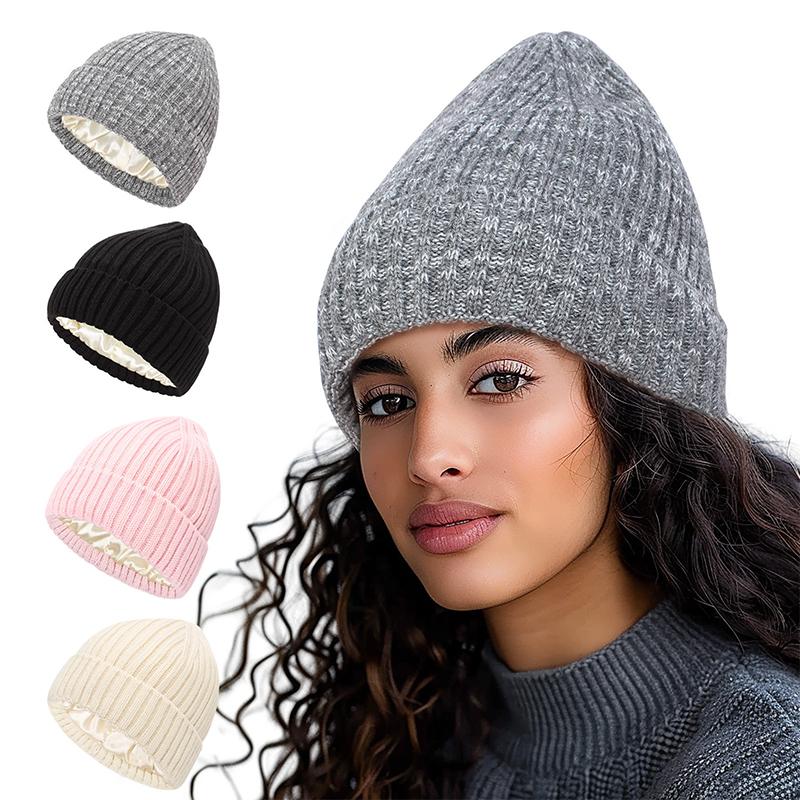 Winter Silk Satin Lined Beanie Hats Women Men Unisex Thick Chunky Cap Striped Warm Soft High Quality Cashmere Knitted Beanie Hat