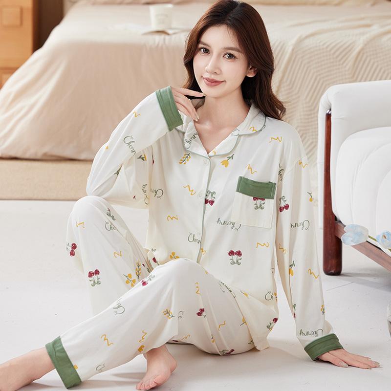 Baumwollimitat Pyjama Damen Herbst pastoral floral langärmlig lässige Mode Loungewear mittelgrüner Anzug