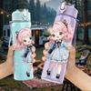 1PC Pink Hair Girl Blue Bubble Pattern 750ml Color Plastic Sports Water Bottle Leakproof Flip Straw Lid Suitable for Sports Office Home Use