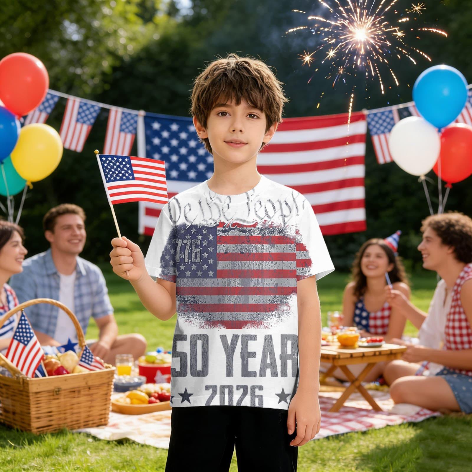 

Kids Independence Day Printed Crew Neck Short Sleeve Casual T-Shirt Featuring Statue of Liberty Fireworks and Stars Pattern for Boys and Girls 140 бежевый
