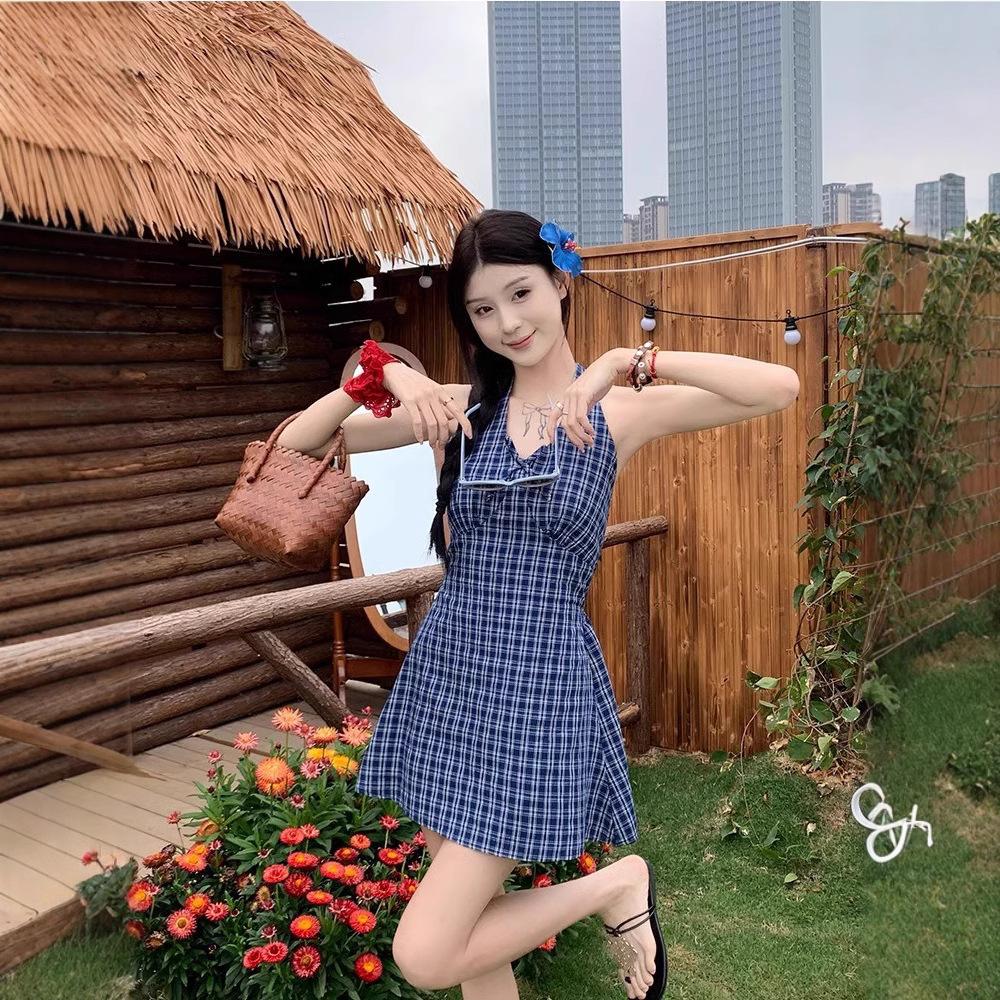 Blue plaid neck dress women's summer sleeveless waist bow a word skirt sweet spice short skirt