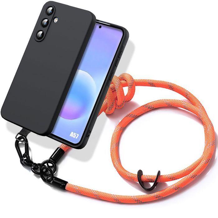 Coque Silicone - BOOLING - pour Samsung Galaxy A57 5G - Noir avec Bandoulière Robuste Orange