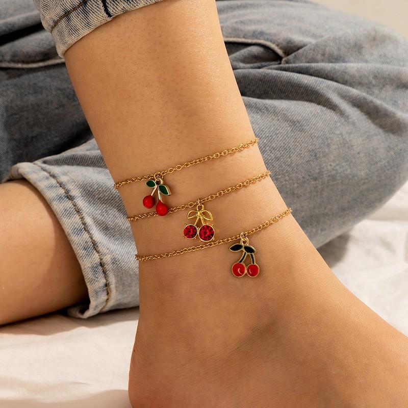 Red Rice Bead Beaded Multi-layer Foot Decoration with Diamond Cherry Cherry Anklet Three-piece Set