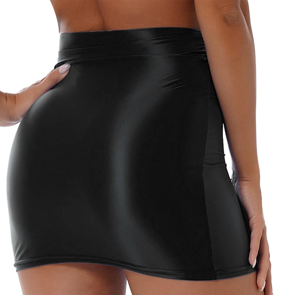 Womens High Waist Pencil Skirt Glossy Solid Color Design Elastic Waistband Casual Miniskirt