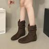 2025 autumn and winter Maillard short boots women's inner height increase new round head wide tube binaural stacking boots thick heel Martin boots