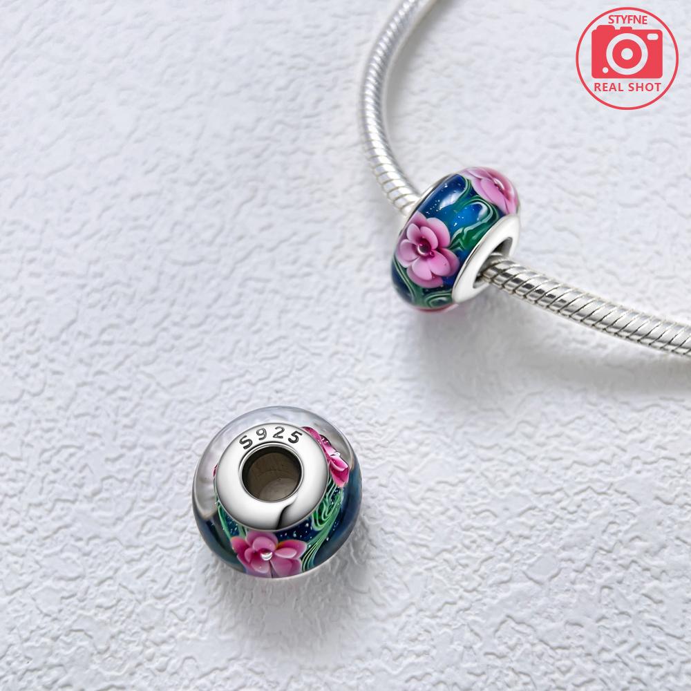 Pendant Charm Bead 925 Silver Glazed Flower Beads Fit Bracelet for Jewelry Making Valentine's Day Gift