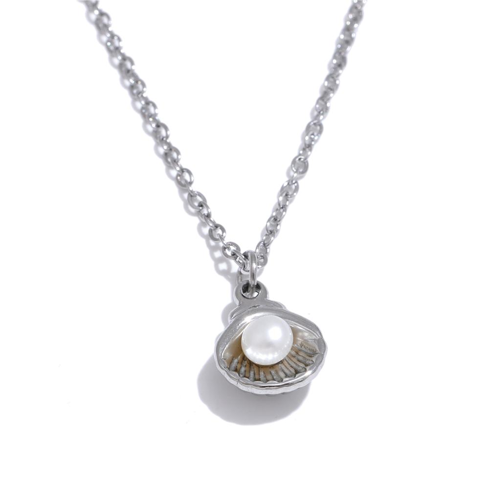 

Yhpup Ocean Style Stainless Steel Metal Shell Natural Pearl Chic Pendant Necklace for Women Exquisite Fashion Jewelry Gift