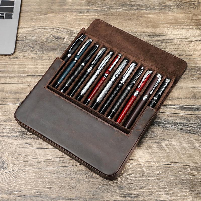 Crazy Horse Leather Pencil Case 12 Packs Handmade Magnetic Drawer Type Student Office Pen Storage Case