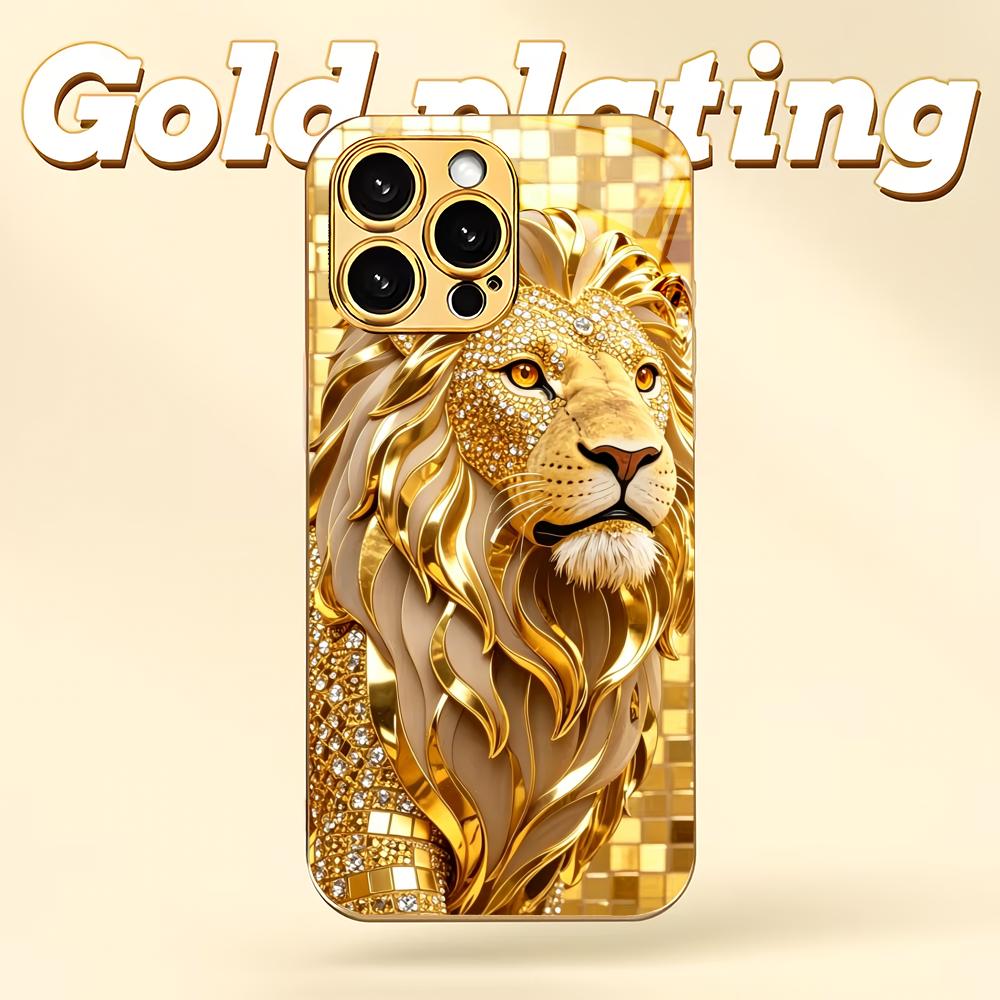 Majestic Golden Lion Metallic Glass Phone Case Suitable for iPhone 17 16 15 14 13 12 11 Pro Max Plus Anti Shock Back Cover
