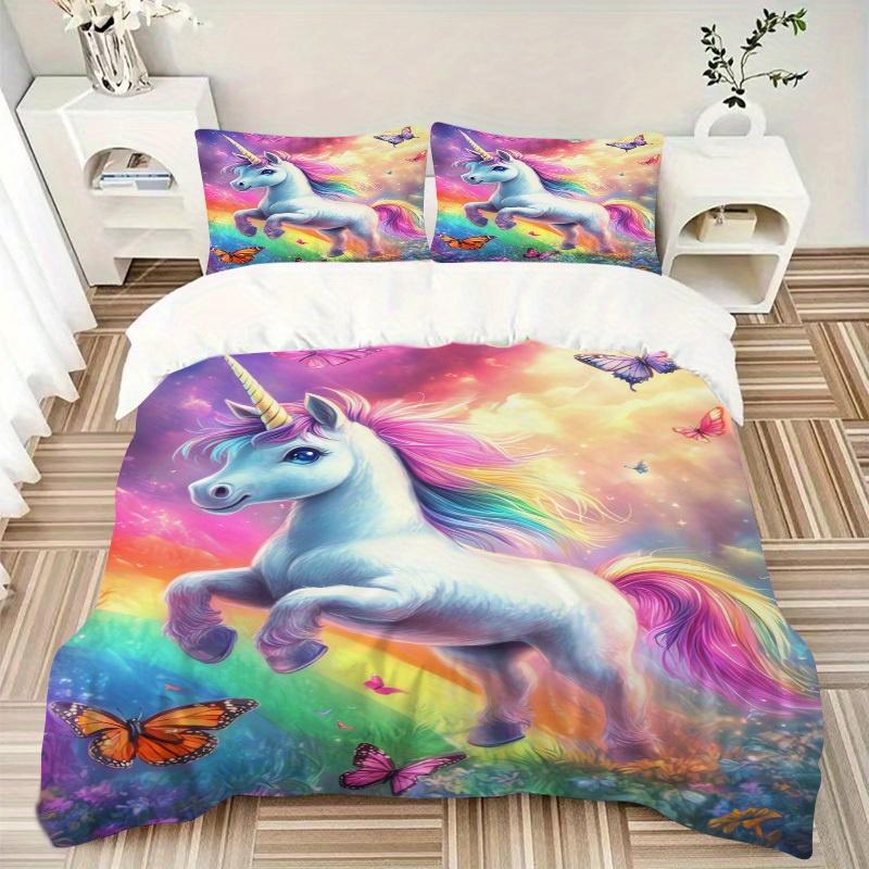 

3pcs Unicorn Rainbow Bedding Set Soft Polyester Down Comforter Cover and Pillowcases,Home Decoration All Seasons(No Insert) S0819105 135x200cm