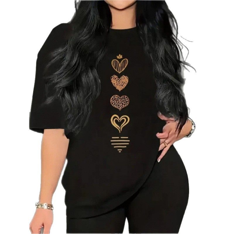 Western Style Fashion Casual Love Heart Print T-shirt Top round Neck Printed T-shirt Top