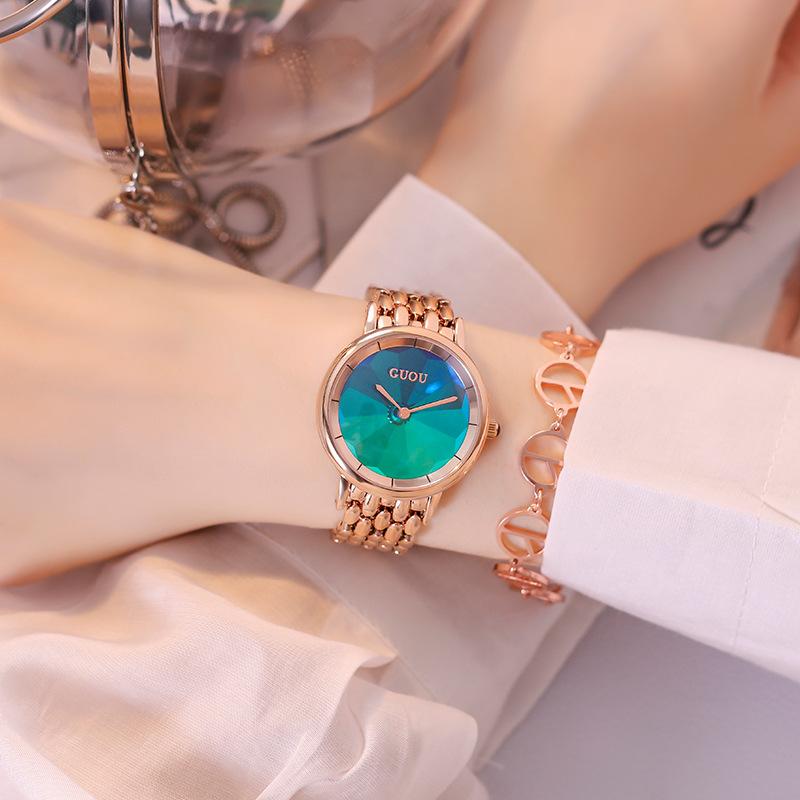 Reloj de Mujer Simple Temperamento Correa de Acero Reloj de Mujer Esfera Colorida Verde Moda Reloj Impermeable Mujer