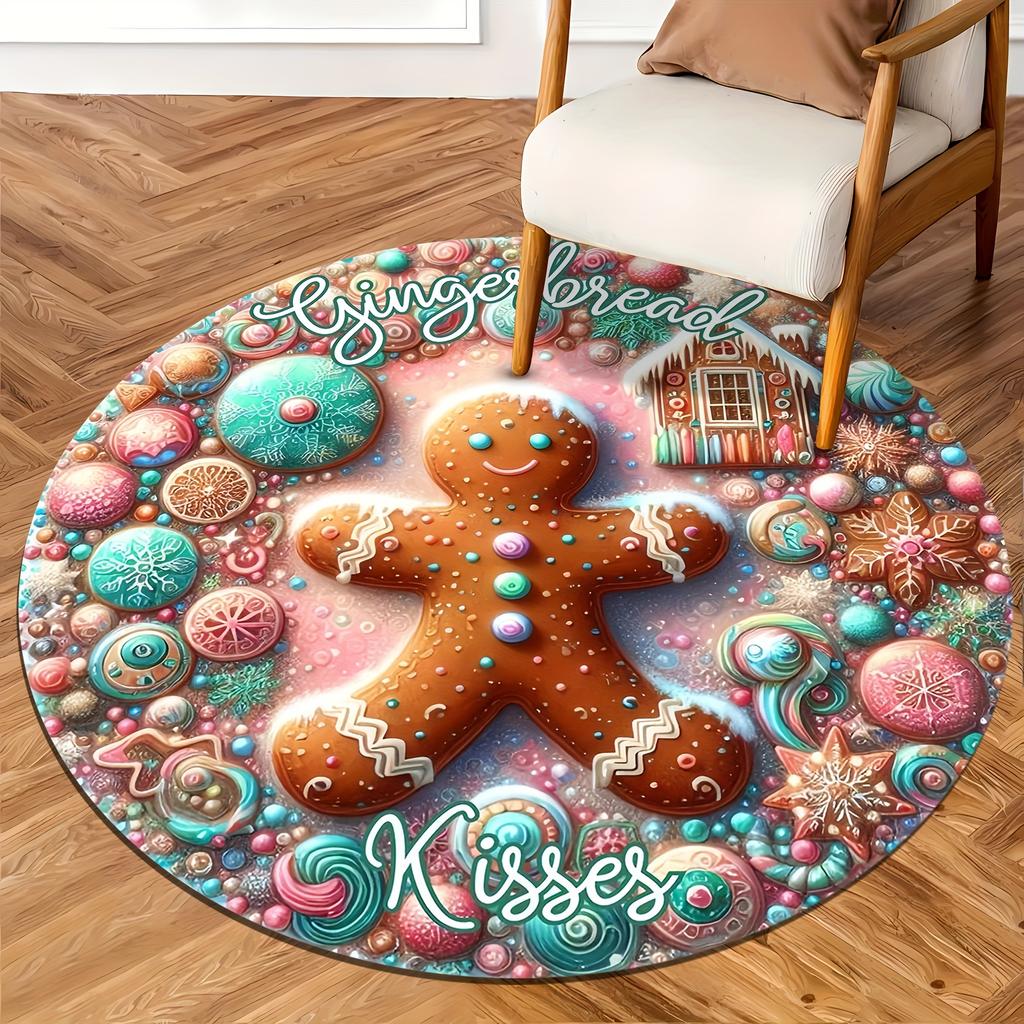 1 Stück runder Teppich mit weihnachtlichem Lebkuchenmuster für den Innenbereich, rutschfest, waschbar, weiche und bequeme Matte für Schlafzimmer und Wohnzimmer