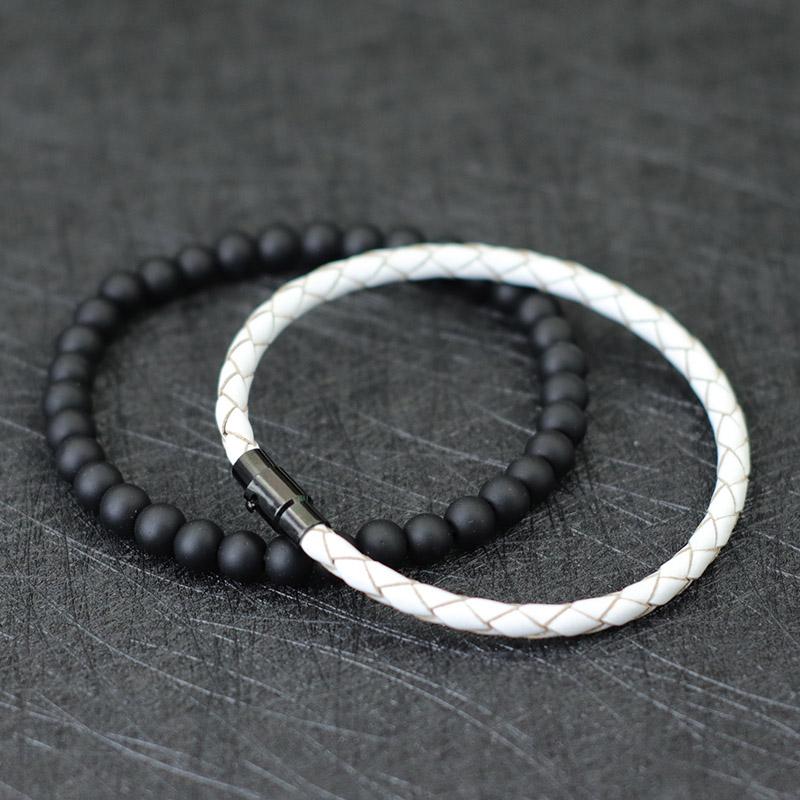 Noter 2Pcs Men Bracelet Set 4mm Genuine Leather Braclet Homme 6mm Black Onyx Stone Beaded Braslet Paired Matching Brazalete Gift