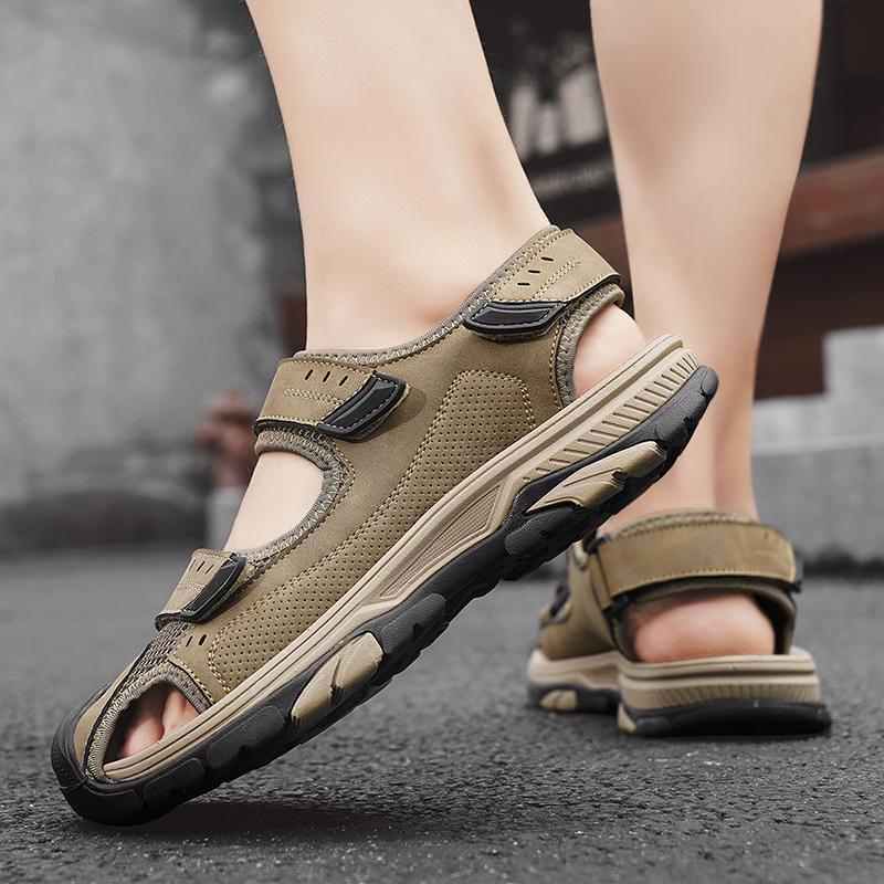 Fashion New Indoor Outdoor Beach Flats Men Leather Walking Shoes Men's All-match Sandals Handmade Stitching Close Toe Non Slip Footwear