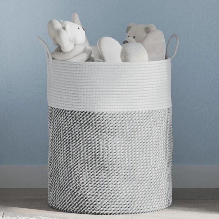 Storage Basket - vidaXL - Cotton - Grey/White - Foldable - Modern Design