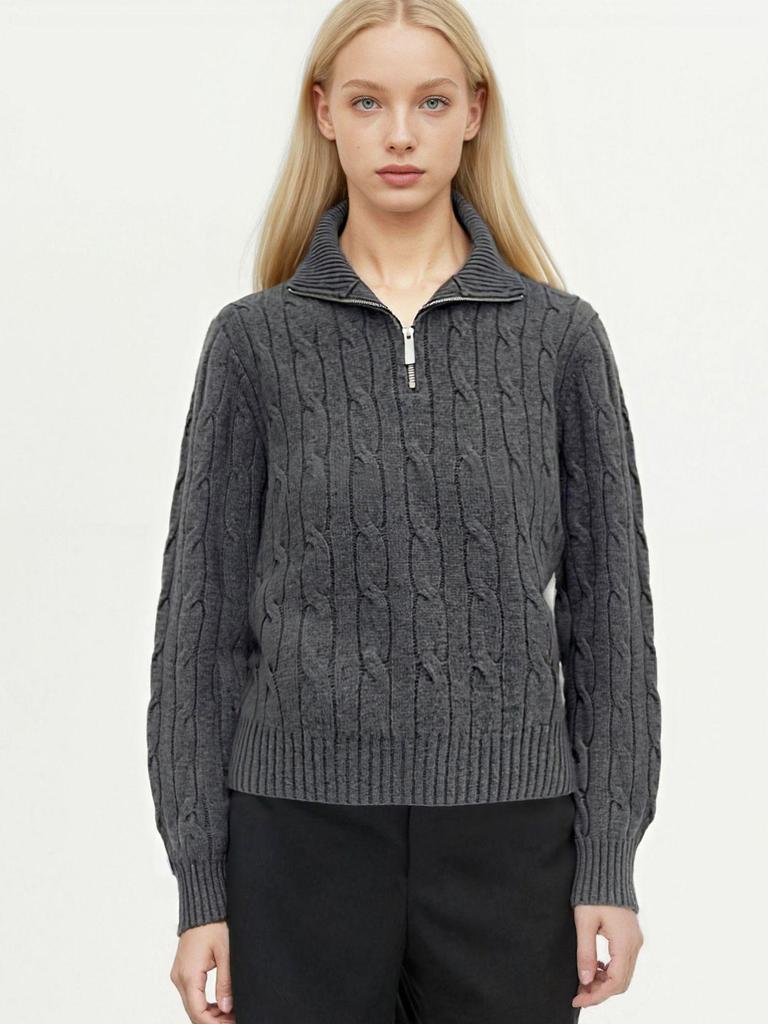 2025 Puyuan Autumn/Winter Wool Cable Knit Stand Collar Zip-Up Sweater for Women - Soft Texture