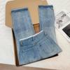 American Spicy Girl Rhinestone Lace Patchwork High-Waisted Straight Leg Slimming Denim Jeans
